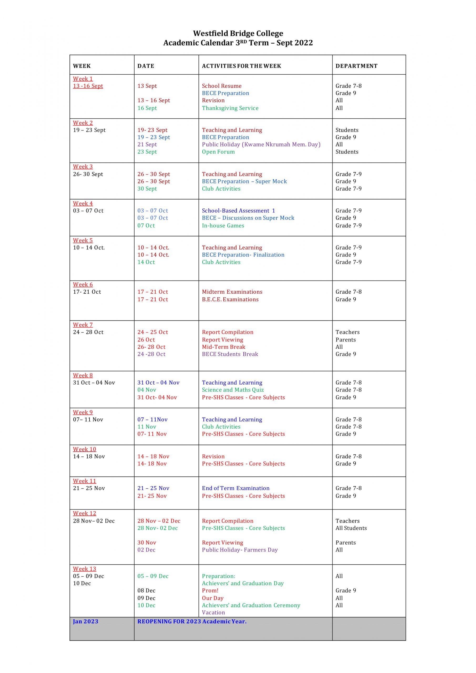 SCHOOL CALENDAR – Westfield Bridge College